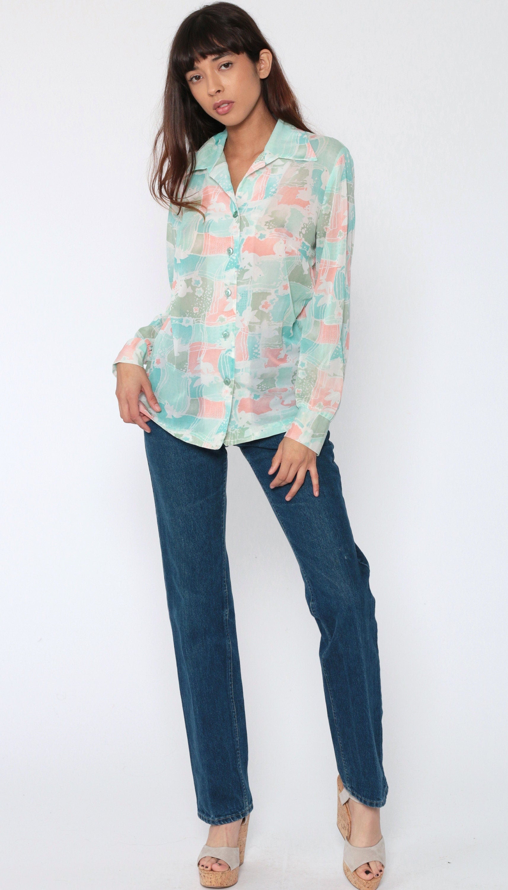 70s Dove Print Button Up Blouse Long Sleeve Patchwork Pink Green Medium