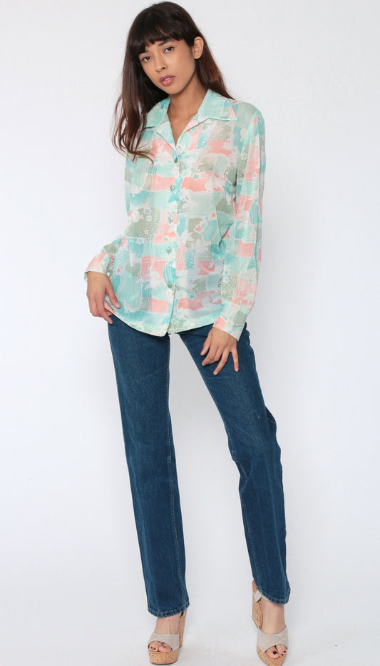 70s Dove Print Button Up Blouse Long Sleeve Patchwork Pink Green Medium