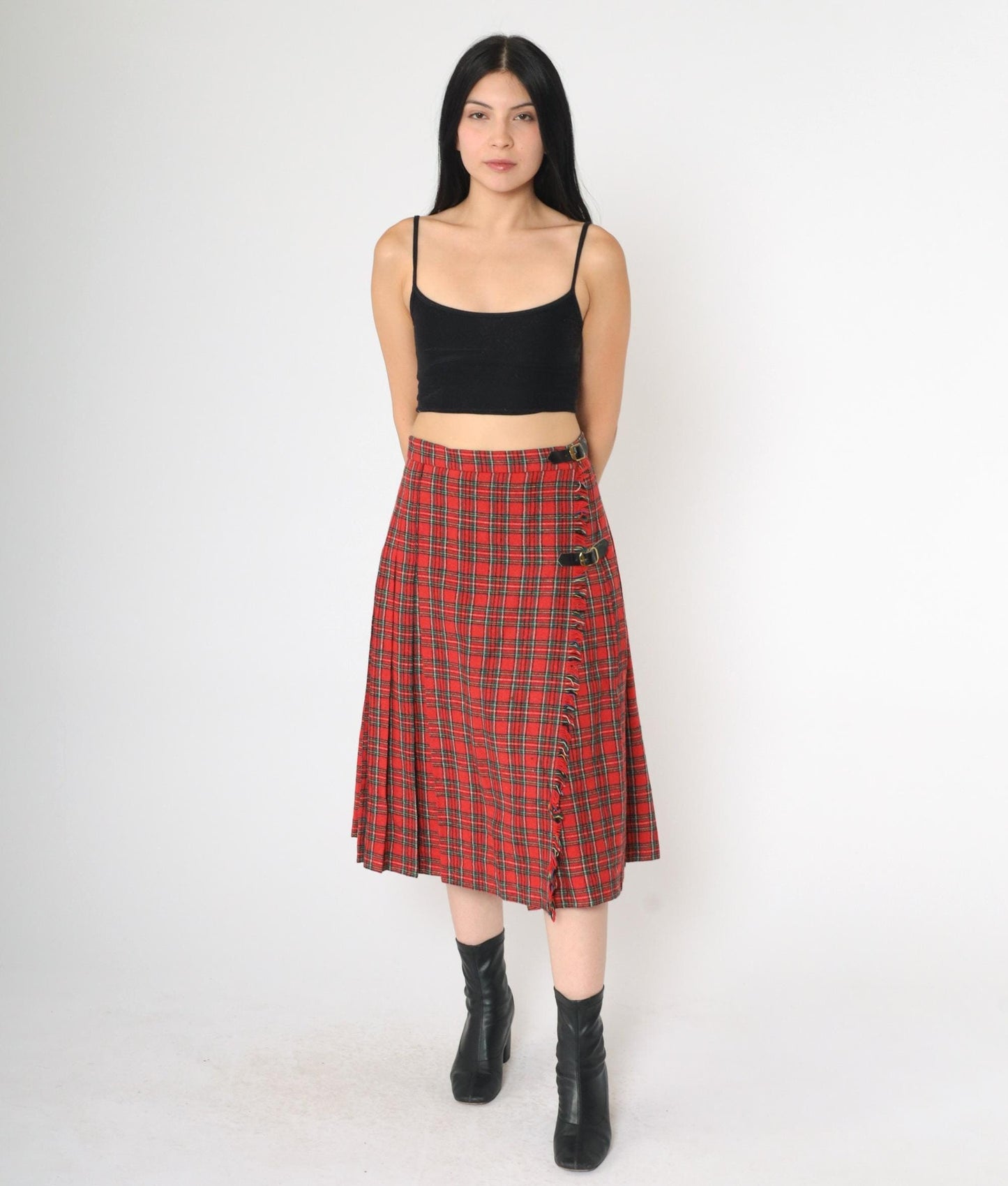 80s Red Plaid Midi Skirt High Waist Pleated Tartan Buckle Small