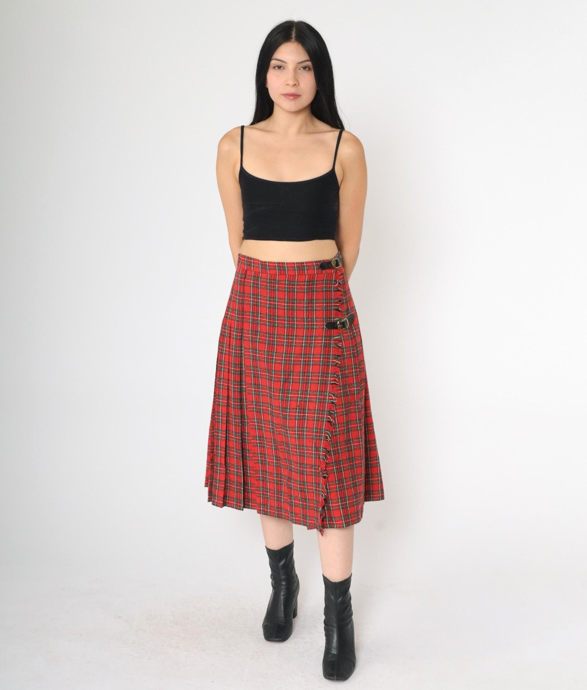 80s Red Plaid Midi Skirt High Waist Pleated Tartan Buckle Small