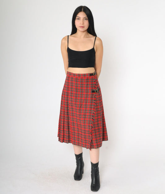 80s Red Plaid Midi Skirt High Waist Pleated Tartan Buckle Small
