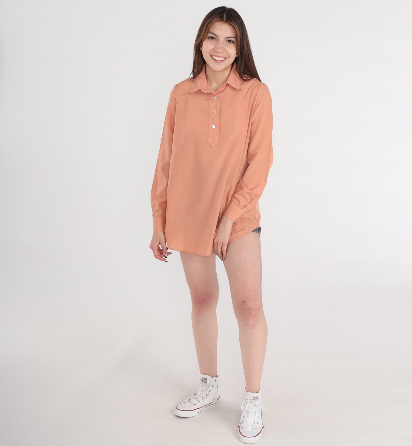 80s Salmon Collared Blouse Half-Button Long Sleeve Tunic Top Medium