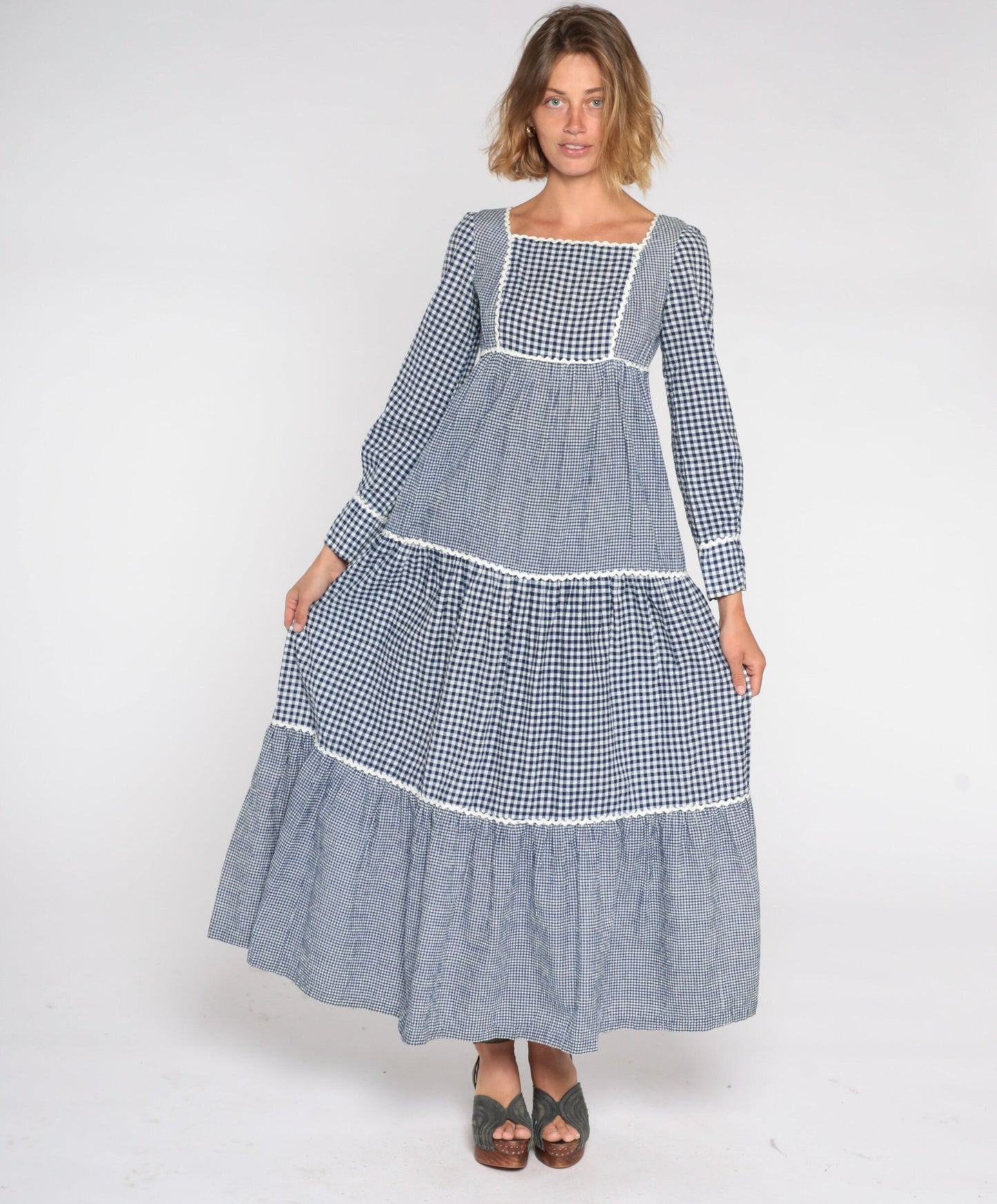 70s Sue Brett Blue Gingham Maxi Dress Empire Waist Puff Sleeve Small