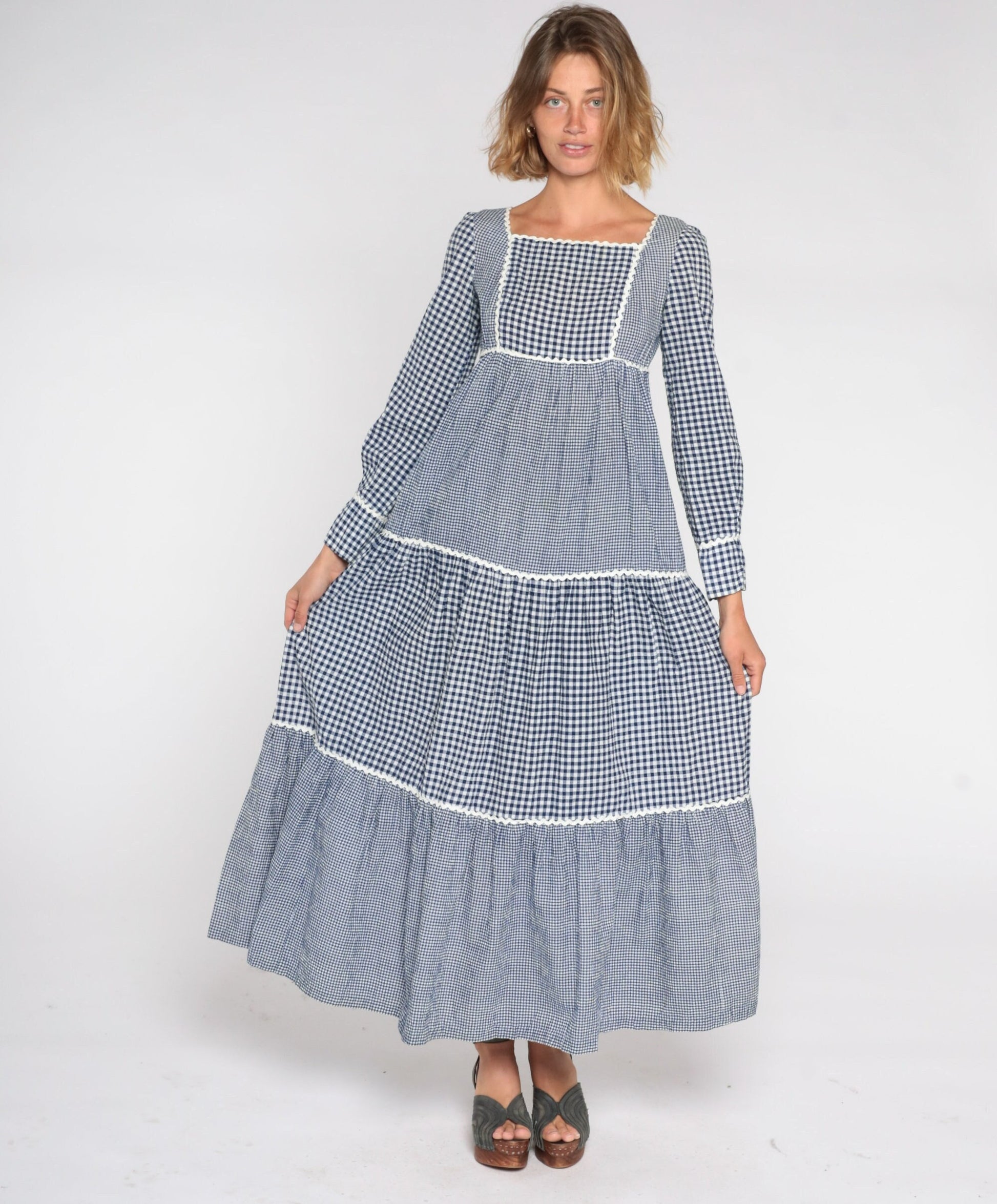 70s Sue Brett Blue Gingham Maxi Dress Empire Waist Puff Sleeve Small
