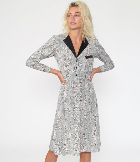 80s Black White Floral Midi Dress Puff Sleeve Button Up High Waist Small