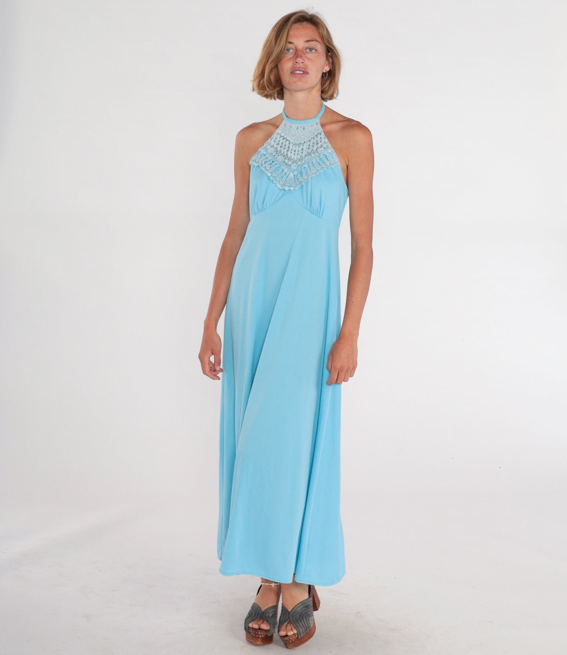 70s Blue Maxi Dress Halter Crochet Trim Open Back Empire Waist Small