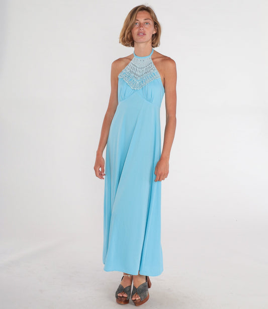 70s Blue Maxi Dress Halter Crochet Trim Open Back Empire Waist Small