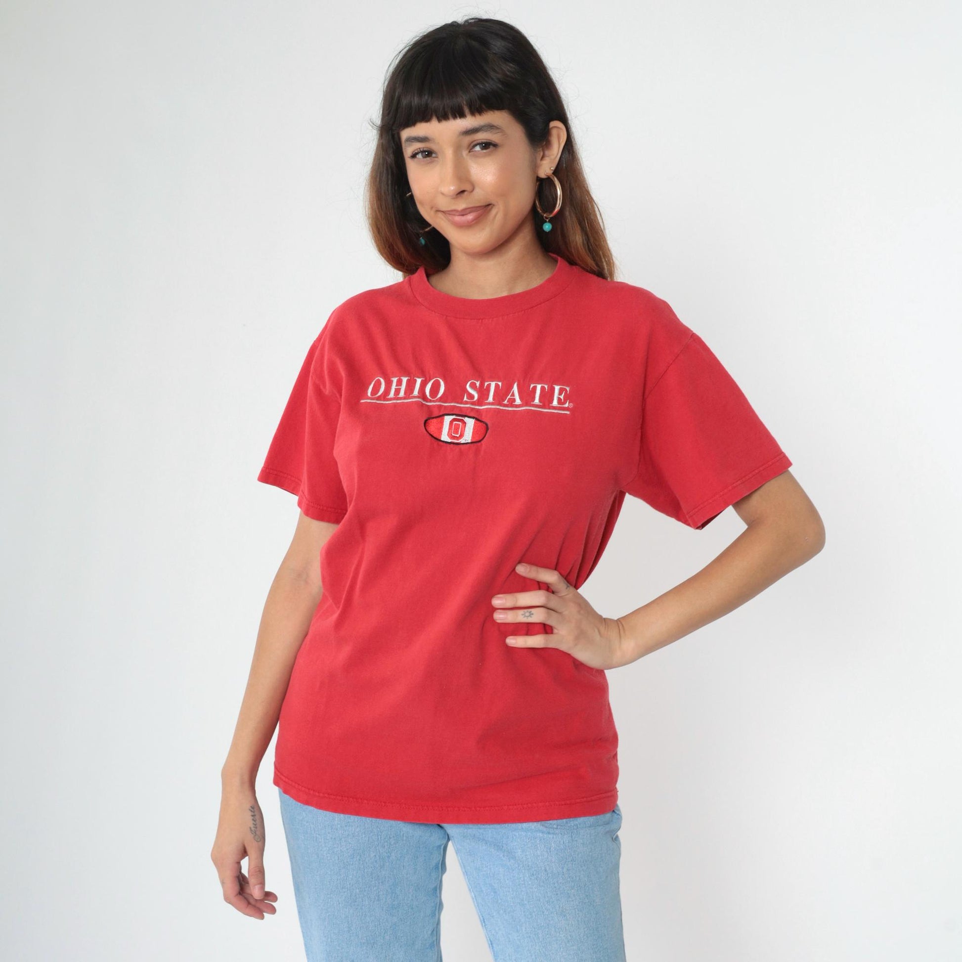 90s Ohio State Buckeyes Football Embroidered T-Shirt Red Medium