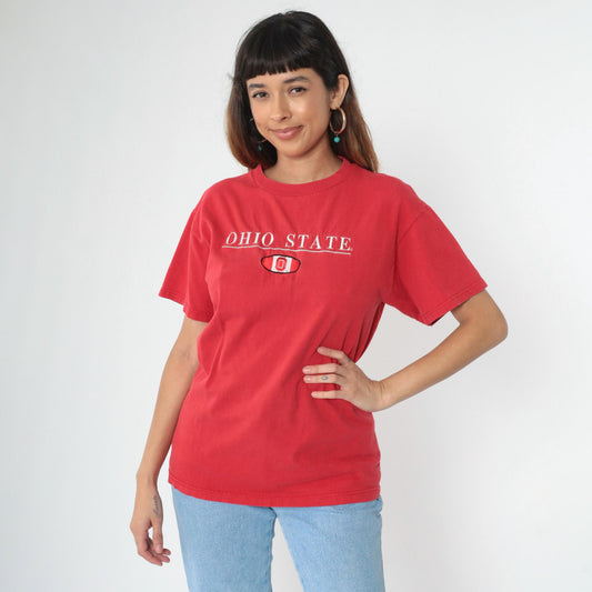 90s Ohio State Buckeyes Football Embroidered T-Shirt Red Medium
