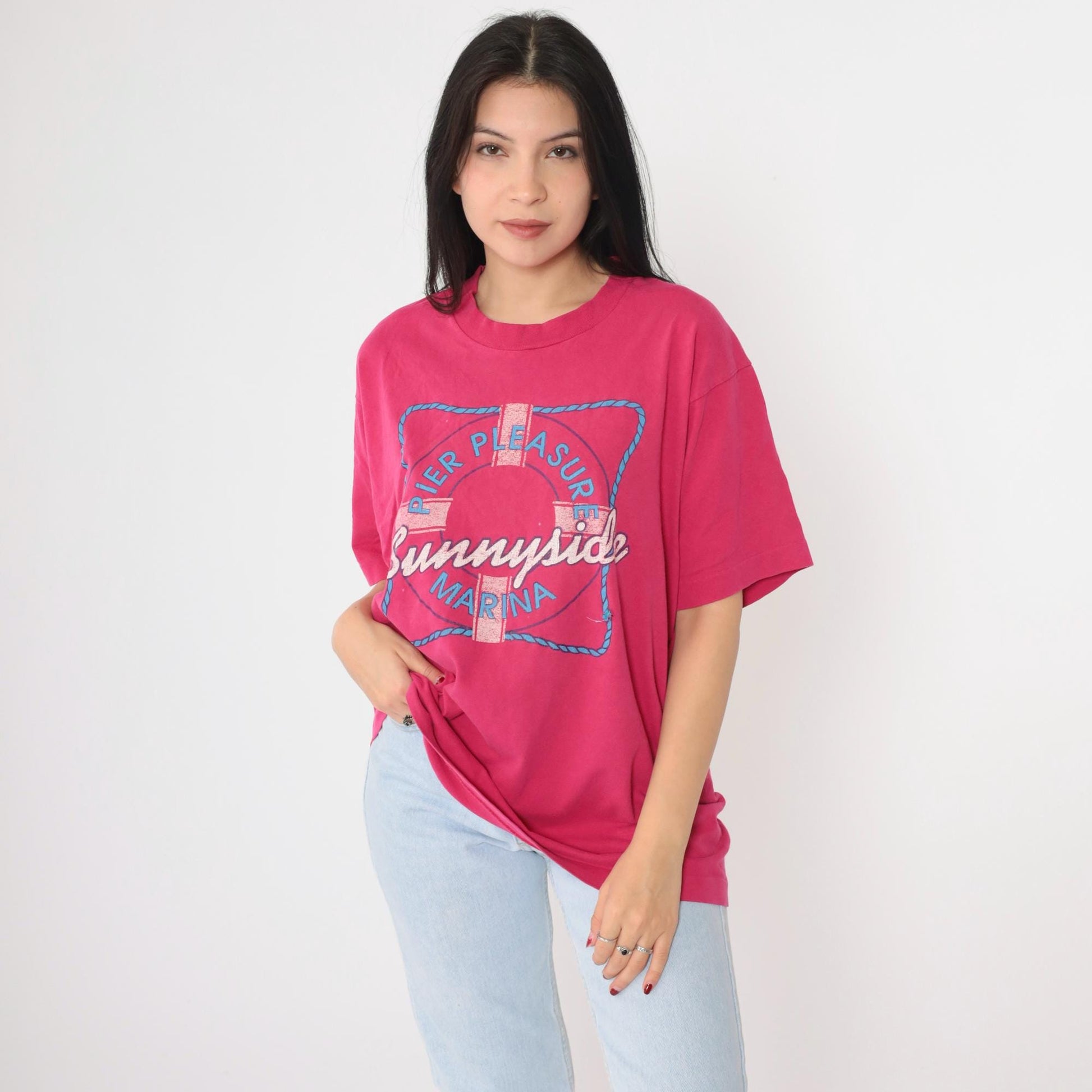 90s Pier Pleasure Sunnyside Marina Graphic T-Shirt Hot Pink Cotton Large L