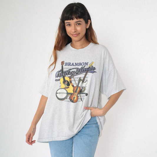 90s Branson Missouri Country Music Graphic T-Shirt Glitter Guitar Banjo Violin Grey Extra Extra Large XXL