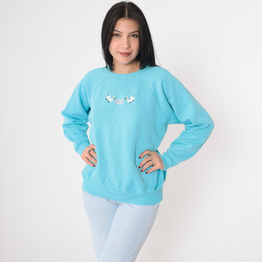 90s Blue Sheep Embroidered Sweatshirt Raglan Crewneck Medium Large