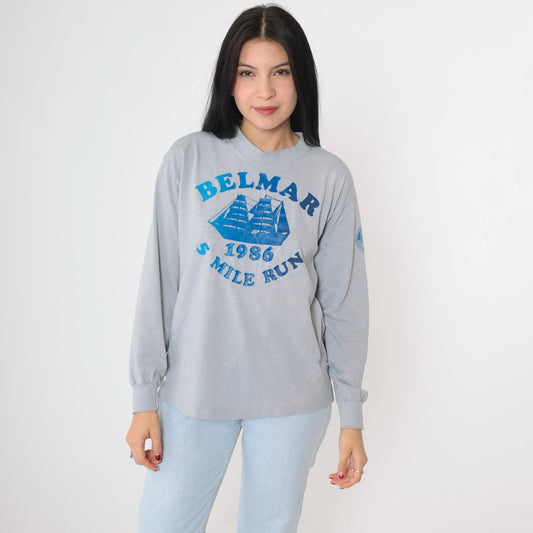 1986 Belmar 5 Mile Run Long Sleeve Graphic Tee Grey Sailboat Medium Large