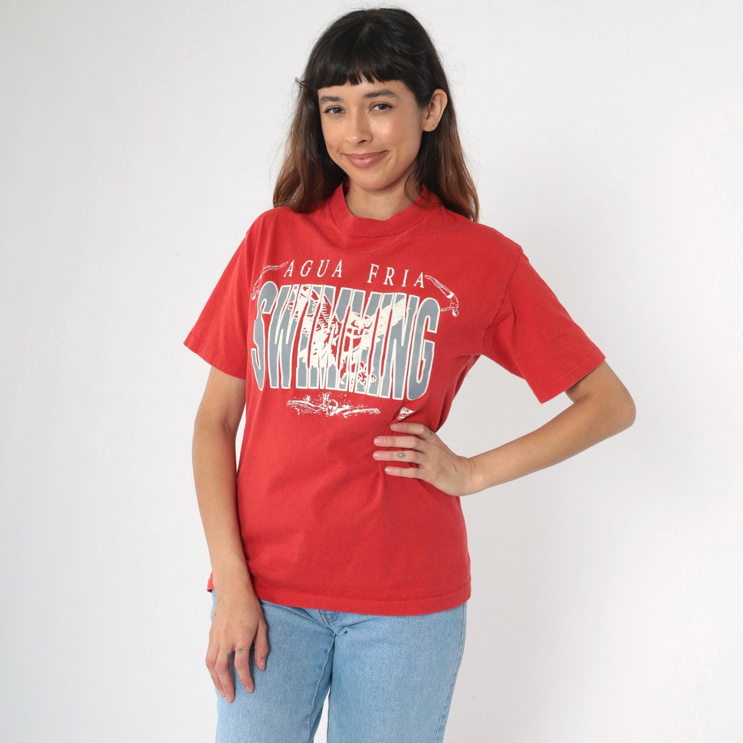 90s Agua Fria Swimming Owl Graphic T-Shirt Red Cotton Tee Medium M