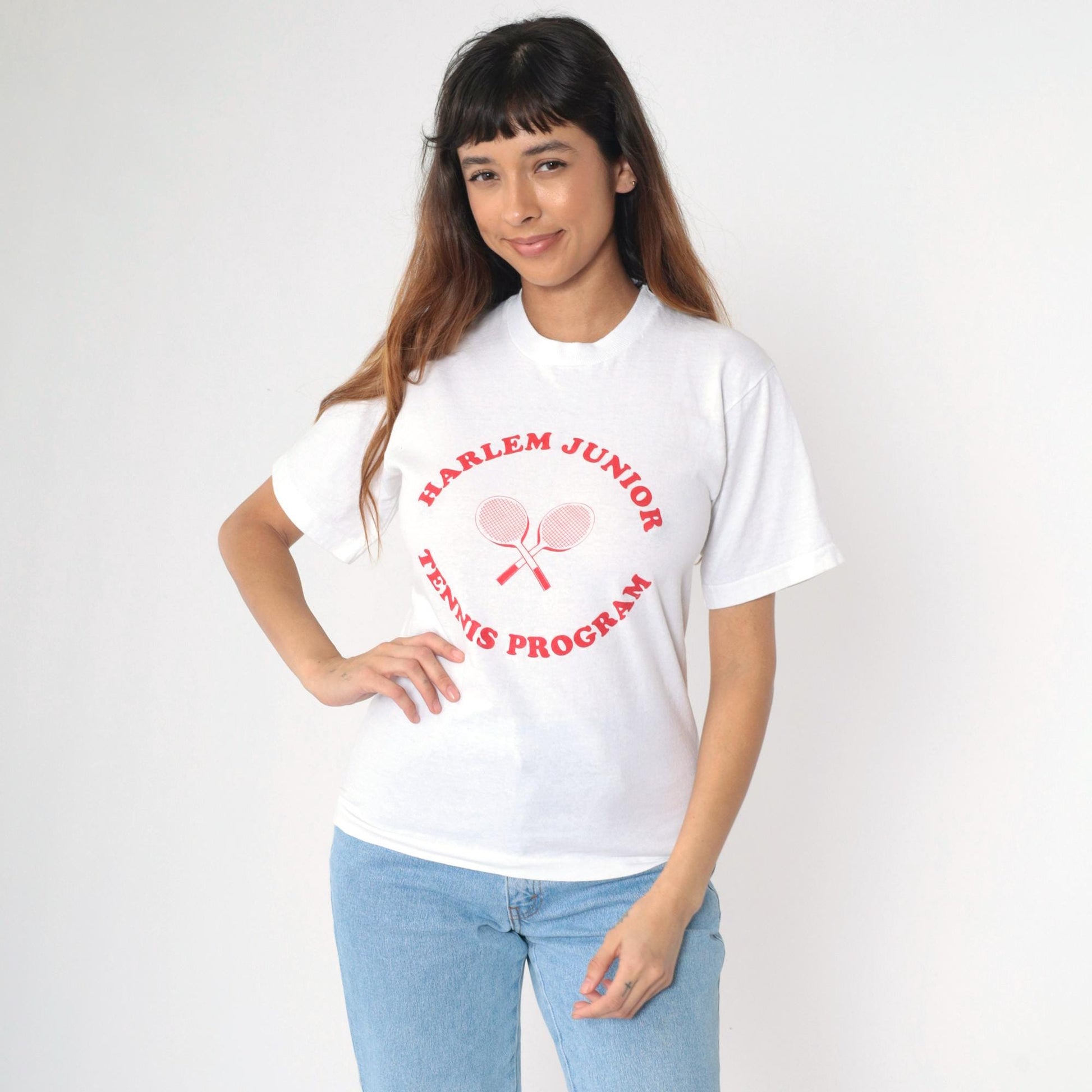 90s Harlem Junior Tennis Program Graphic T-Shirt White Single Stitch Small