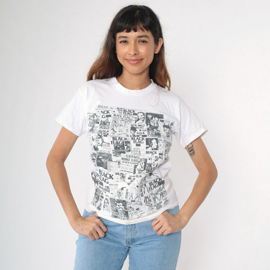 Y2K Black Flag Punk Band Flyers White Graphic Tee Youth Large XS