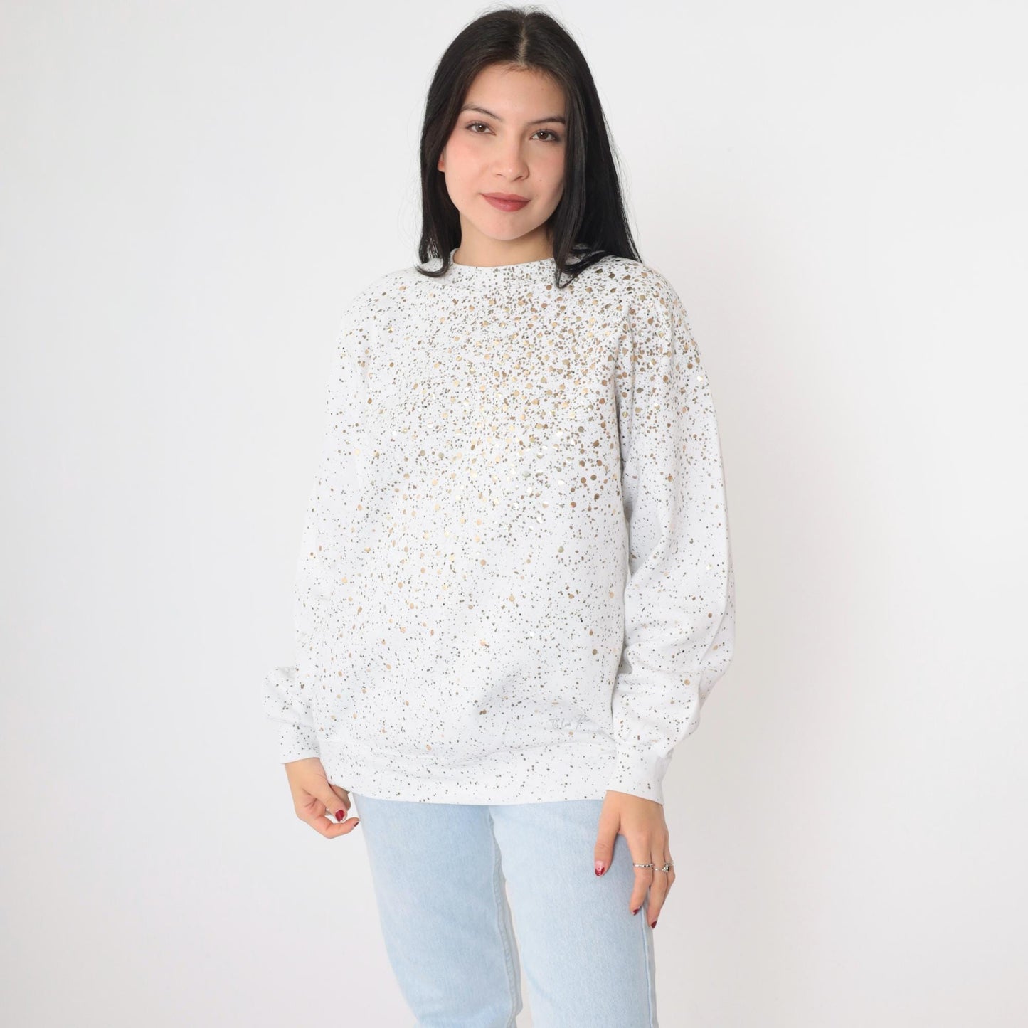 90s White Sweatshirt Gold Sequin Paint Splatter Metallic Graphic Medium