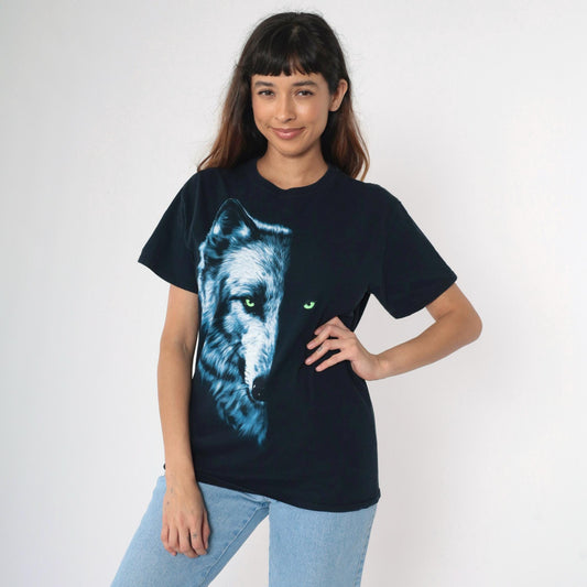 Y2K Wolf Face Graphic T-Shirt Black Cotton Crewneck Medium M
