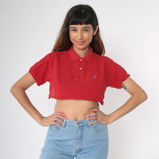 90s Ralph Lauren Crop Top Red Polo Shirt Raw Hem Medium M