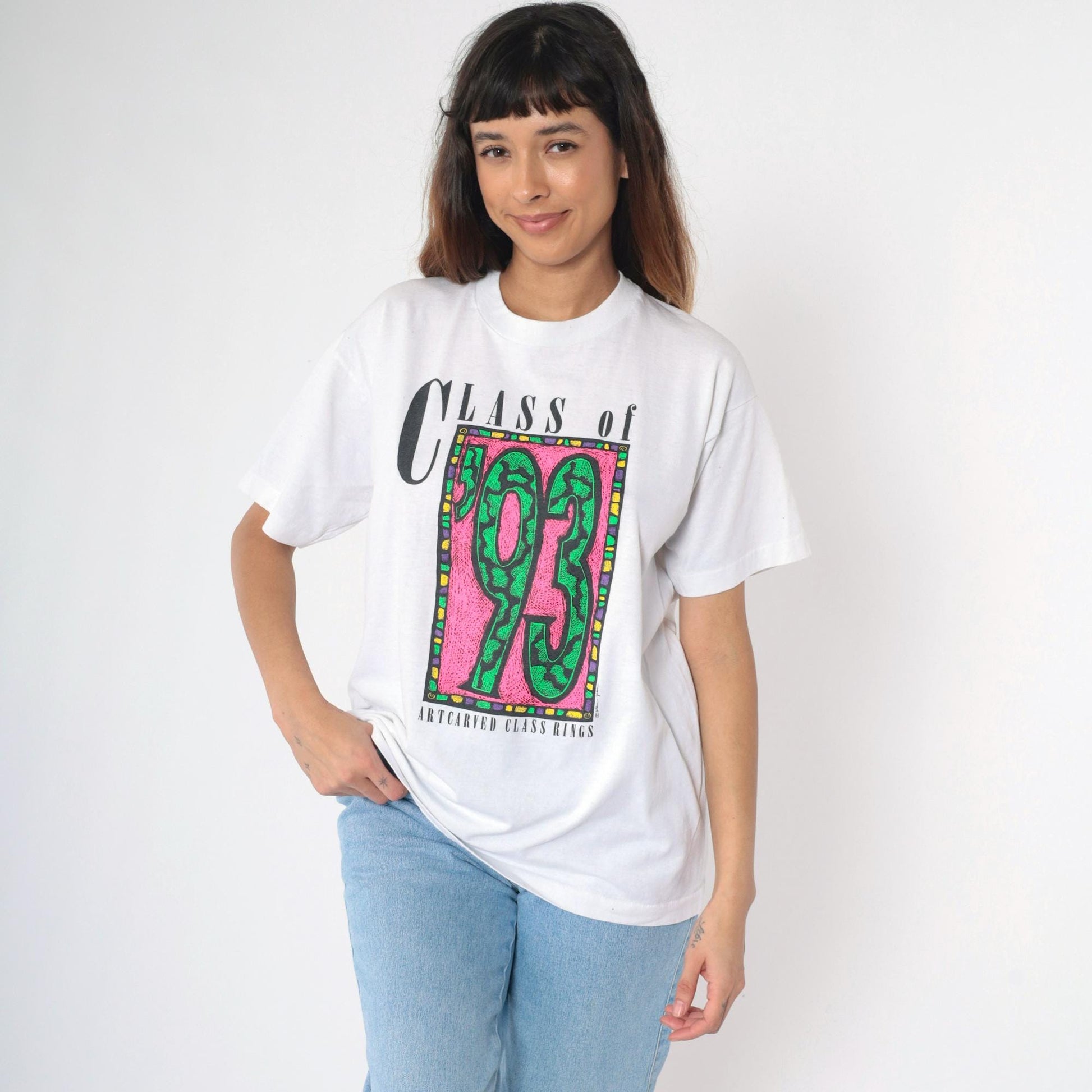 90s Class of '93 Graduation Graphic T-Shirt Neon White Screen Stars Extra Large XL