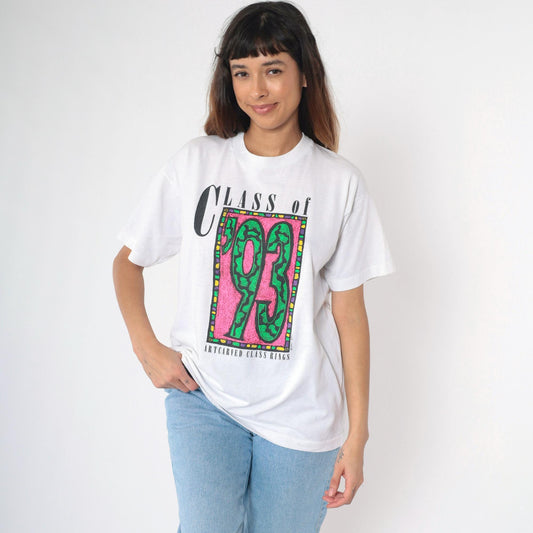 90s Class of '93 Graduation Graphic T-Shirt Neon White Screen Stars Extra Large XL