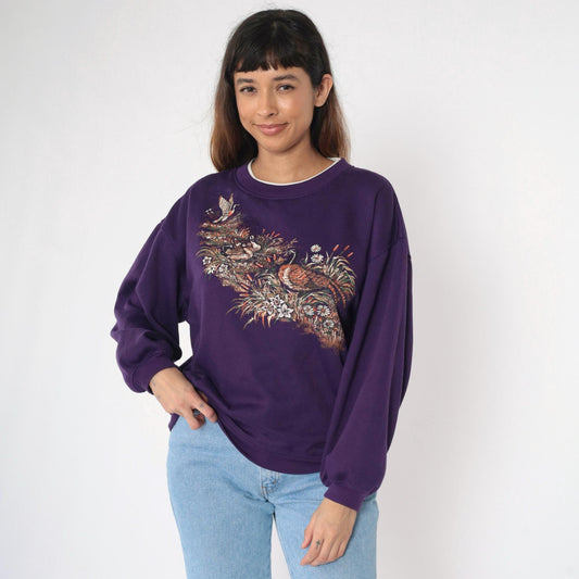 90s Duck Pheasant Waterfowl Graphic Sweatshirt Blue Crewneck Large