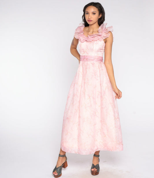 70s Baby Pink Floral Maxi Dress Fitted Bodice High Waist Ruffle Neckline Small