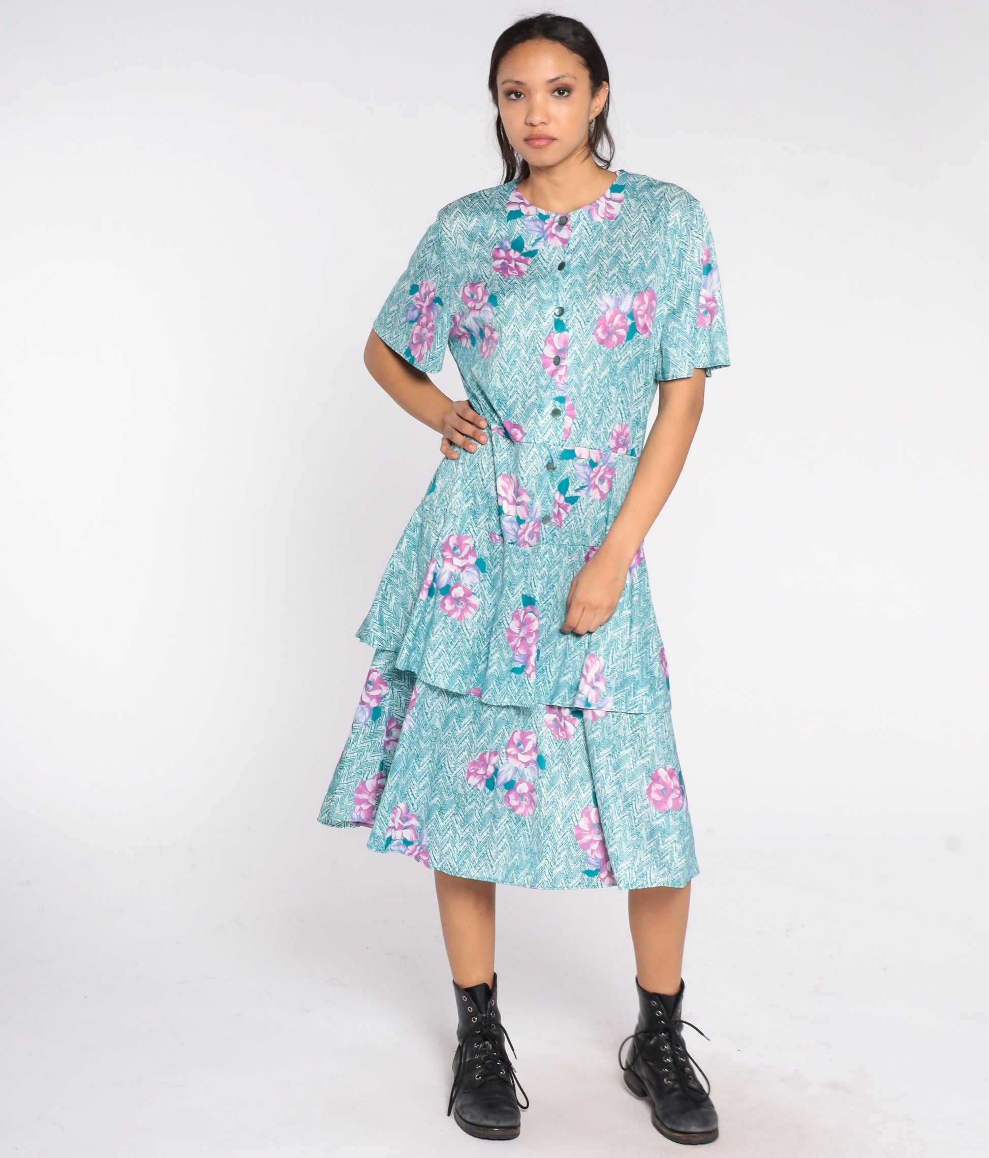 70s Floral Chevron Striped Midi Dress Button-Up Tiered Teal Purple Plus Size XXL