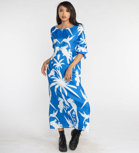 80s Bird Print Maxi Dress Blue Tropical Cockatoo Palm Tree Long Sleeve Medium