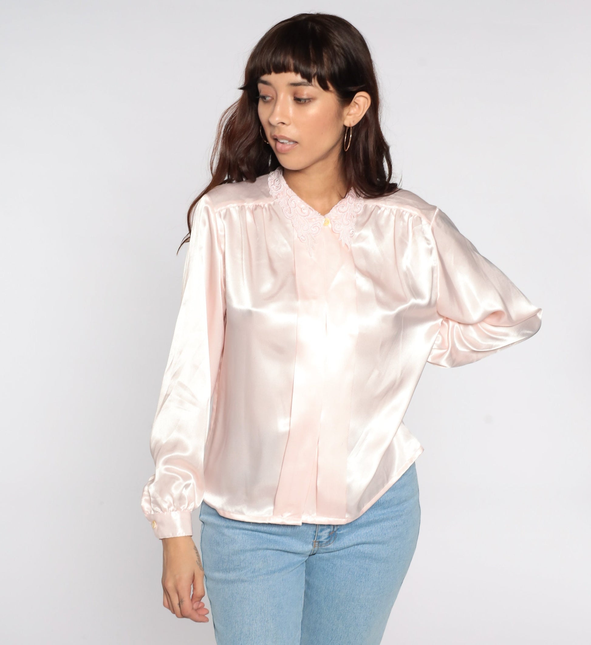 80s Baby Pink Satin Blouse Lace Collar Button Up Long Sleeve Medium