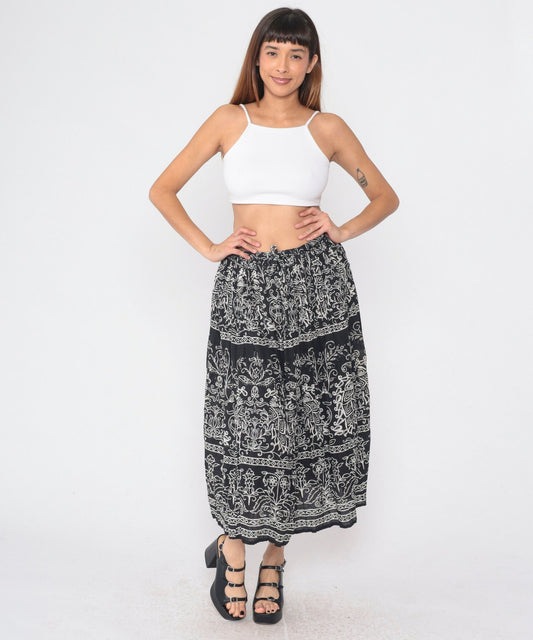 90s Jane Ashley Black Floral Midi Skirt Drawstring Waist Cotton Small