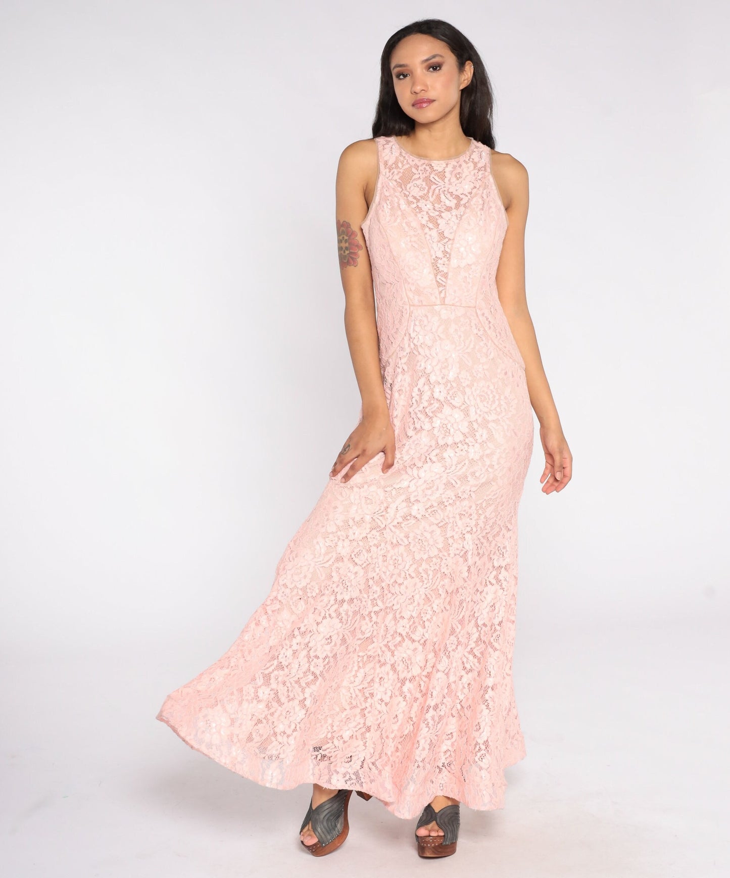 Y2K Baby Pink Lace Maxi Dress Plunge Illusion Neckline Sleeveless Large 12P