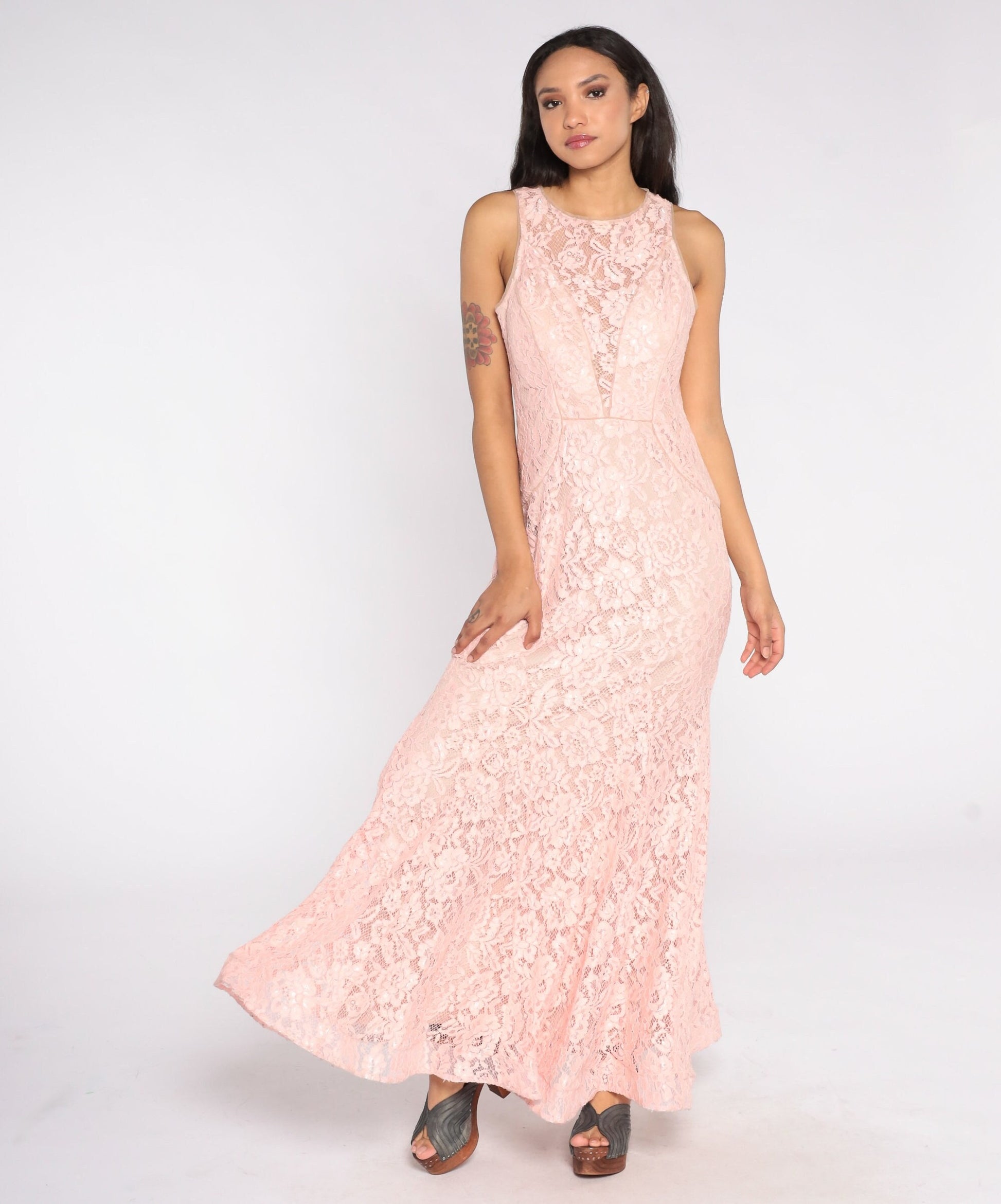 Y2K Baby Pink Lace Maxi Dress Plunge Illusion Neckline Sleeveless Large 12P