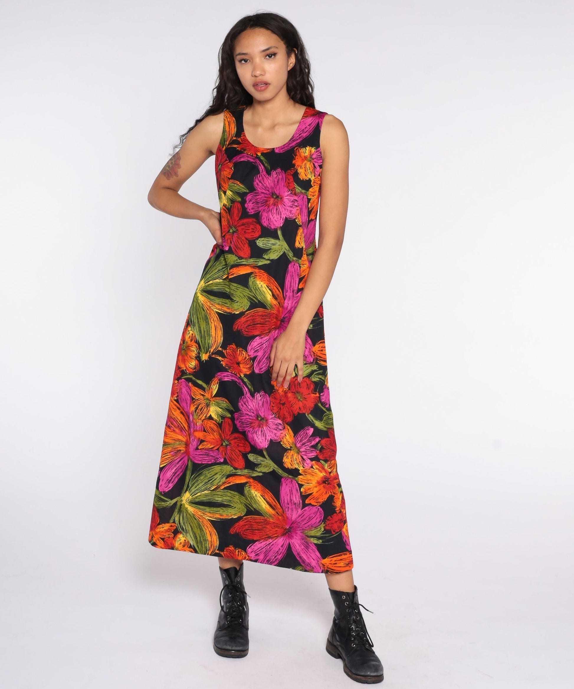 90s Floral Maxi Sundress Sleeveless Shift Black Red Pink Small Medium