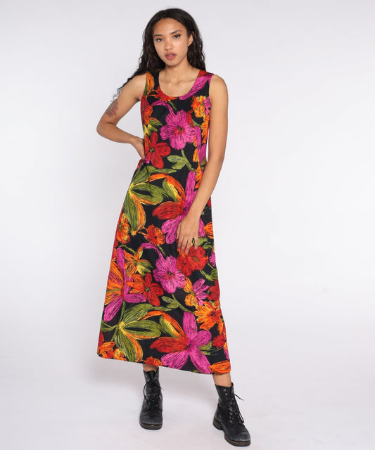 90s Floral Maxi Sundress Sleeveless Shift Black Red Pink Small Medium