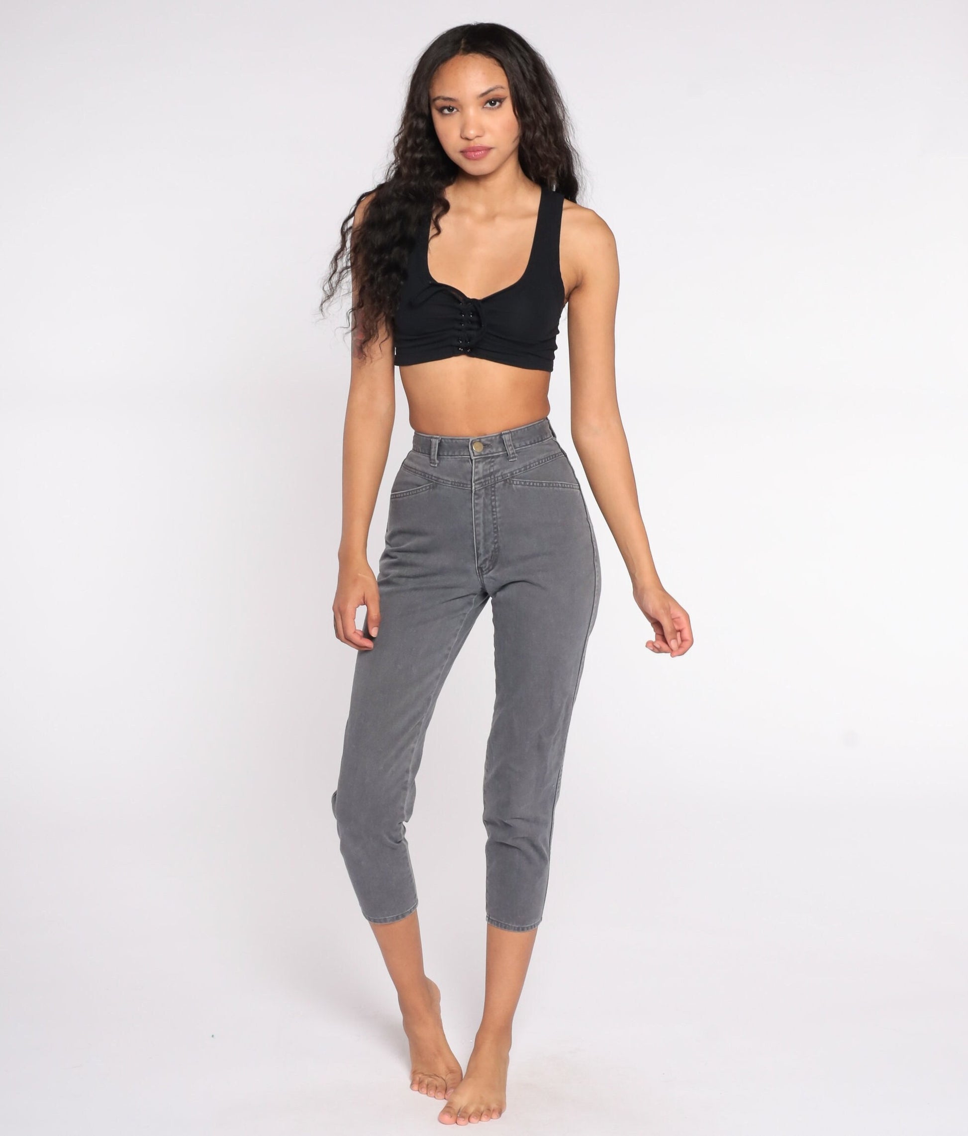 90s High Waist Skinny Ankle Jeans Charcoal Grey Cotton XXS
