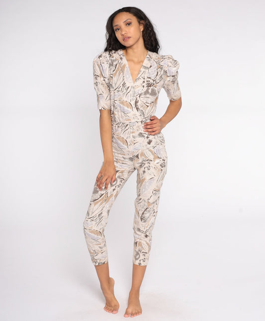 80s Tropical Leaf Print Jumpsuit Puff Sleeve Wrap Bodice Tan Extra Small