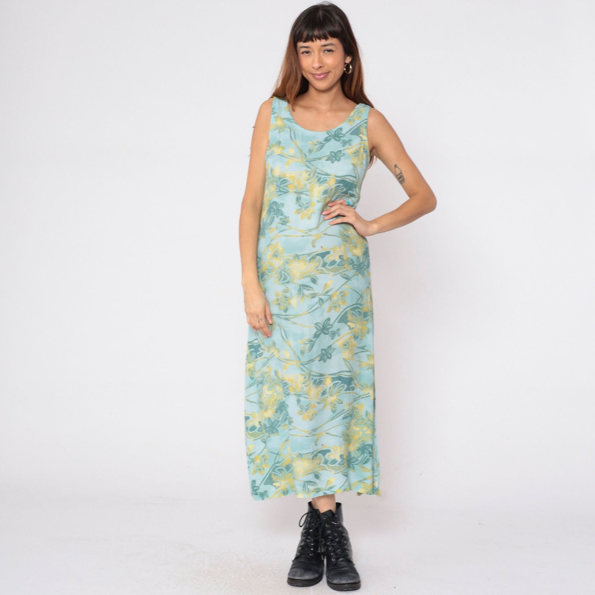 90s Seafoam Floral Rayon Maxi Dress Sleeveless Side Slit Small