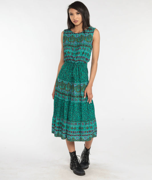 00s Indian Floral Midi Dress Green Sleeveless High Waist Cutout Back Small