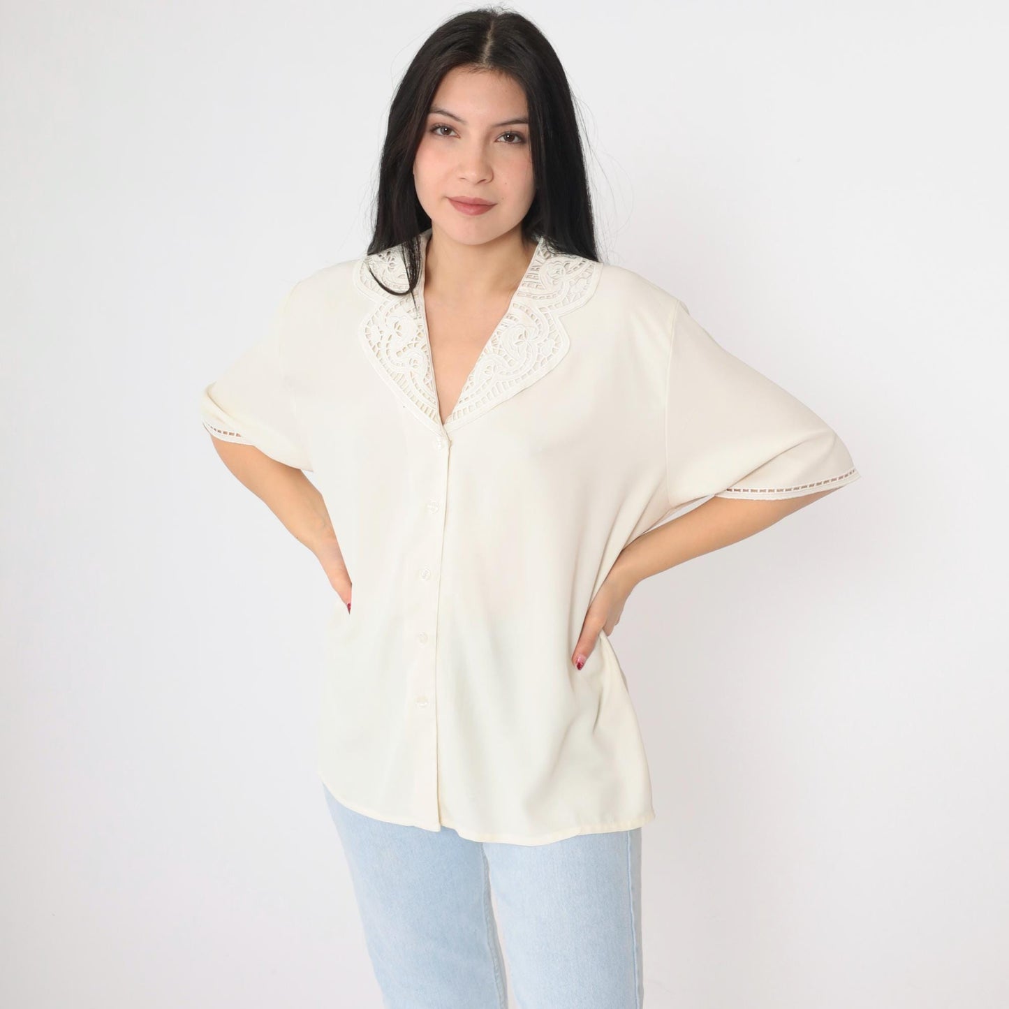 90s Worthington Off-White Embroidered Cutwork Button-Up Blouse Short Sleeve Extra Large XL