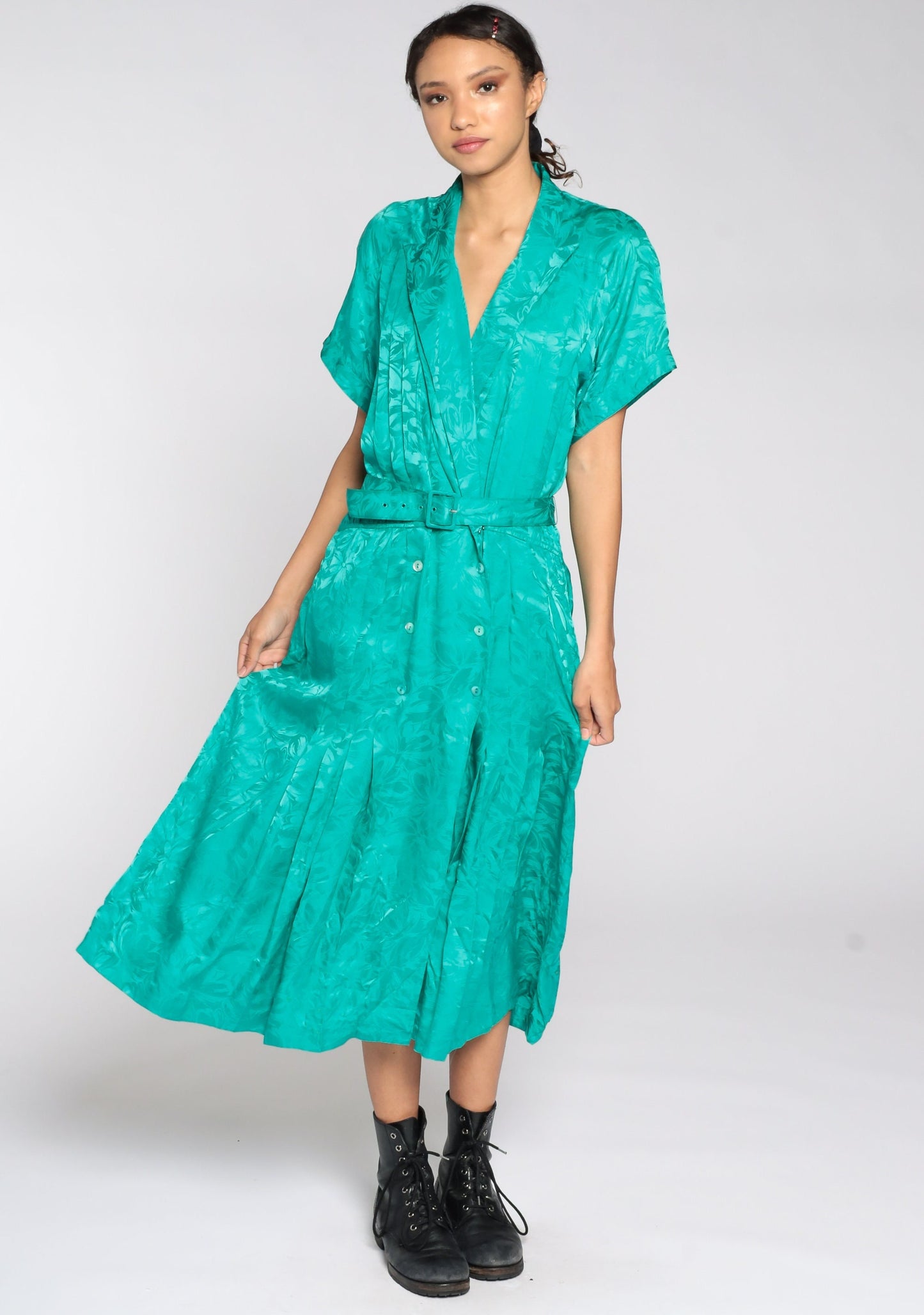 80s Green Wrap Dress High Waisted Deep V Neck Midi Embossed Extra Large