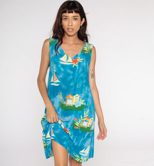 90s Sailboat Floral Mini Dress Sleeveless Shift Sundress Blue Medium