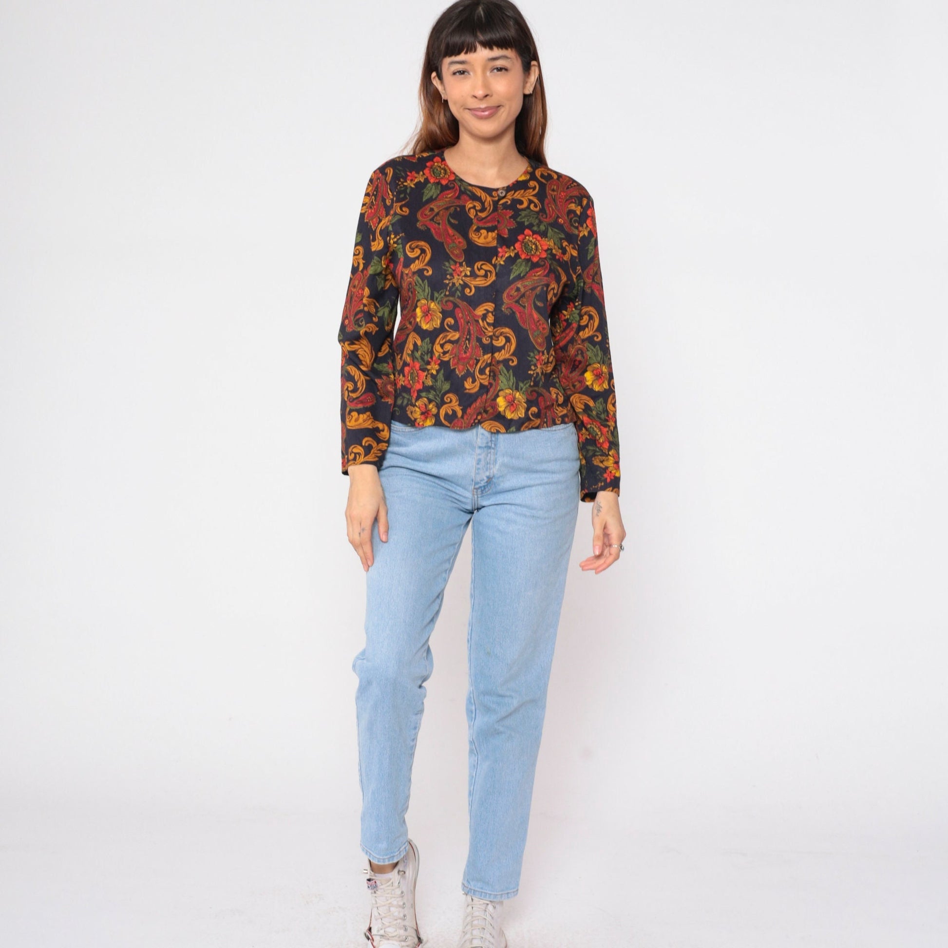 90s Norton McNaughton Paisley Floral Button-Up Blouse Black Gold Long Sleeve Medium