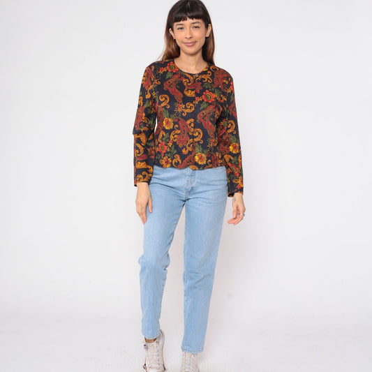90s Norton McNaughton Paisley Floral Button-Up Blouse Black Gold Long Sleeve Medium