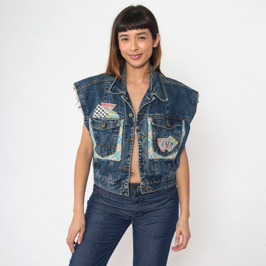 90s Denim Vest Plaid Patchwork Cutoff Blue Jean Sleeveless Medium
