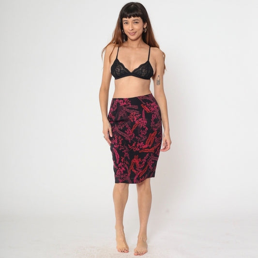00s Floral Midi Skirt Black Pink High Waist Botanical Print Medium 8