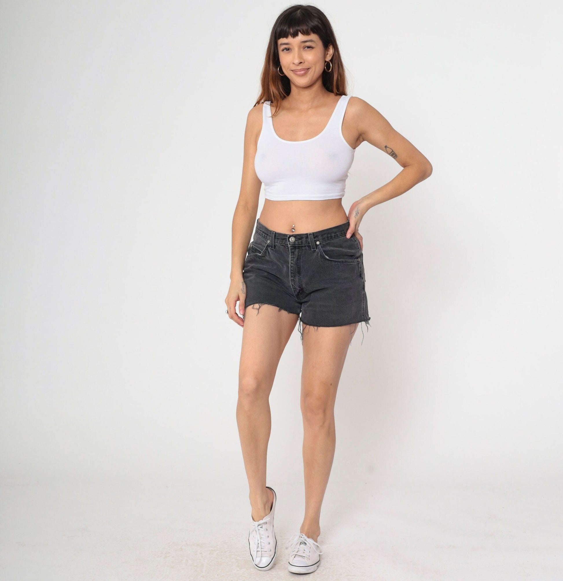 90s Wrangler Black Denim Cutoff Shorts High Rise Faded Medium 32