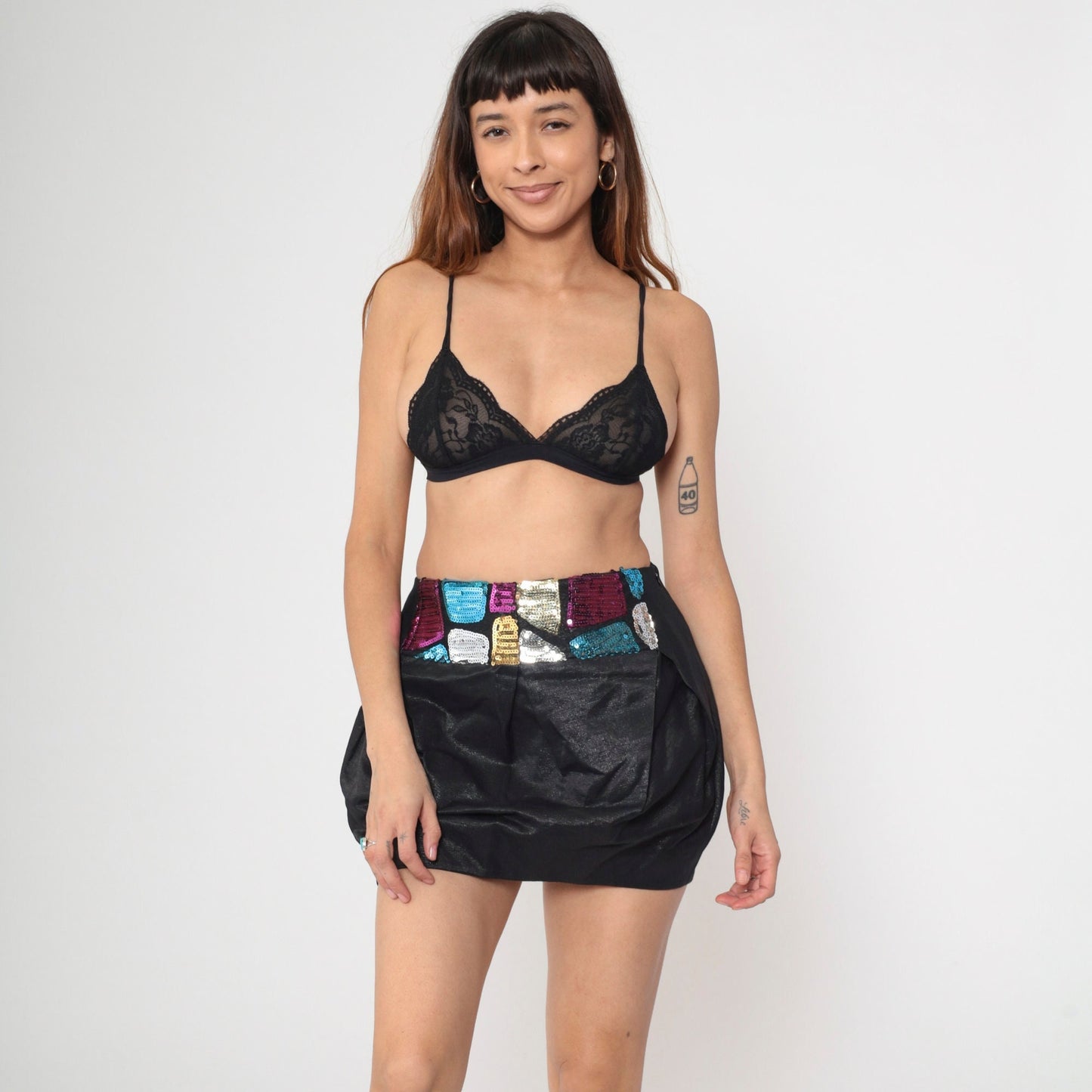90s Black Sequin Mini Skirt High Waisted Pleated Bubble Skirt Small