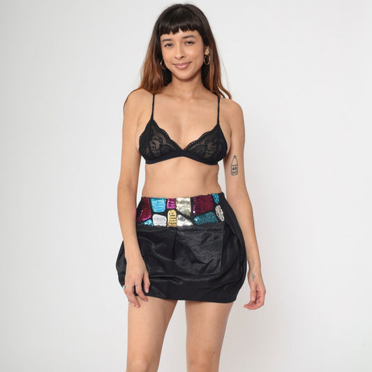90s Black Sequin Mini Skirt High Waisted Pleated Bubble Skirt Small