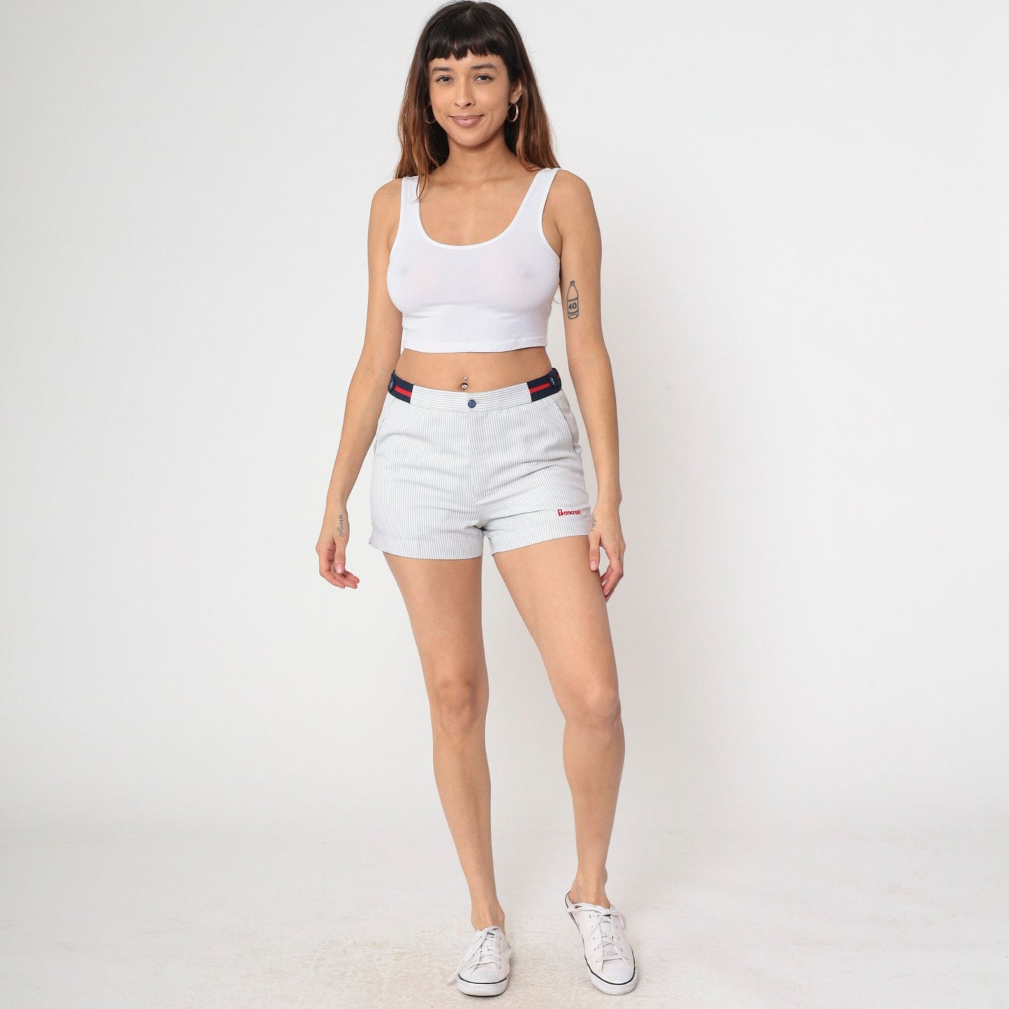 80s Bancroft Sport Pinstripe Tennis Shorts White High Waisted Small